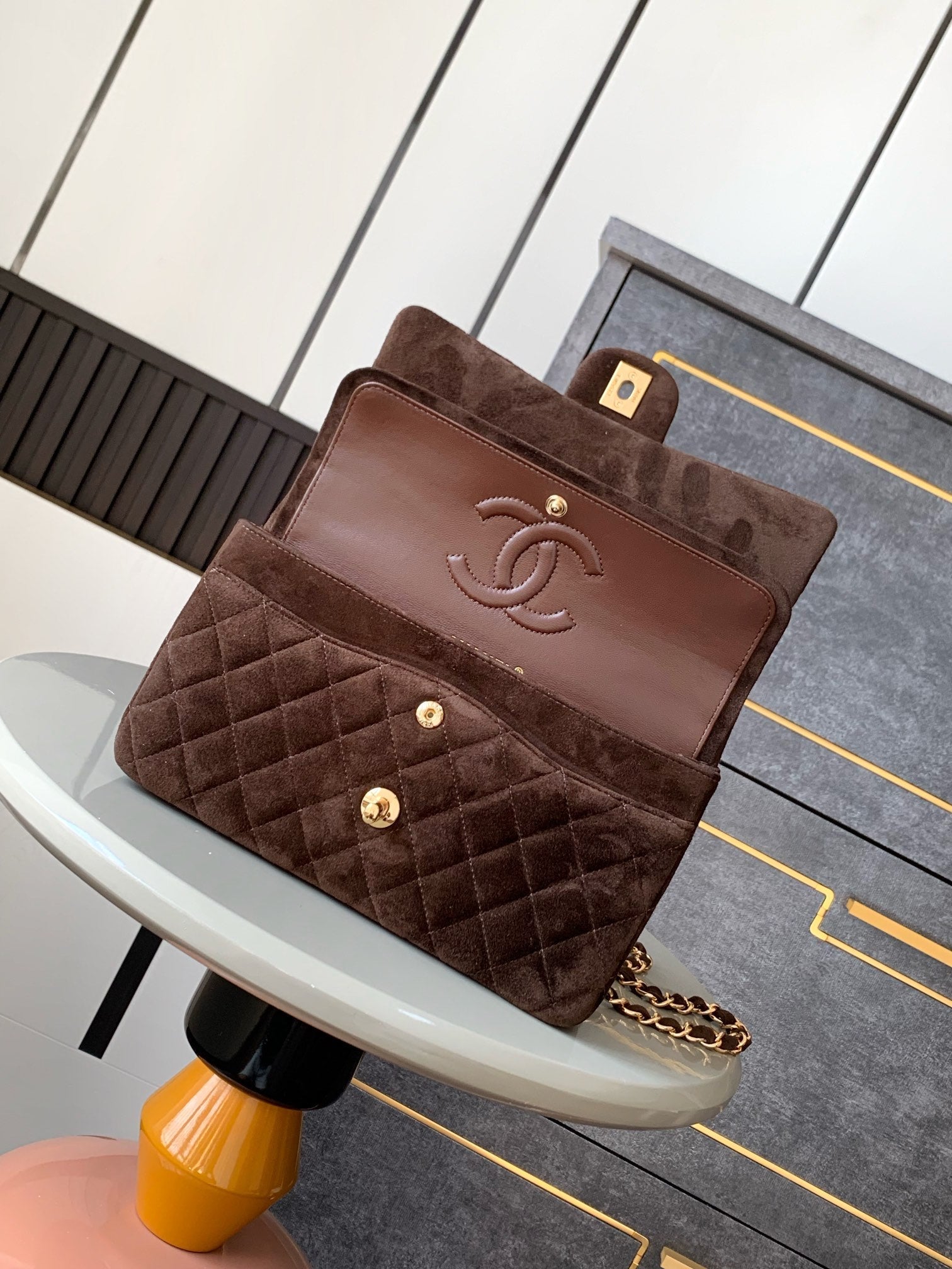 Chanel A01112 Flap Classic 11.12 Handbag Suede leather & Gold-Tone Metal Dark Brown