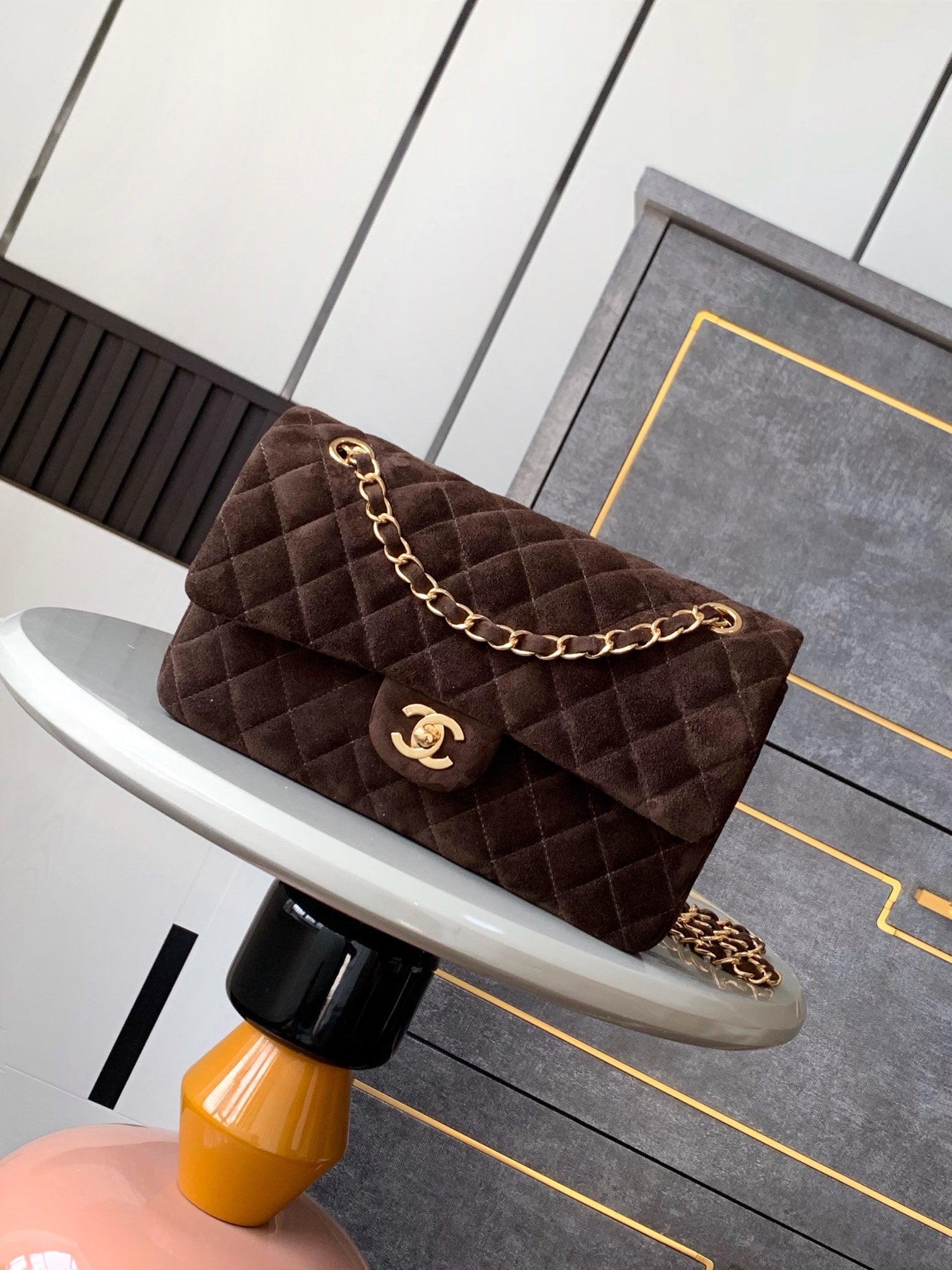 Chanel A01112 Flap Classic 11.12 Handbag Suede leather & Gold-Tone Metal Dark Brown - Default Title - View 1