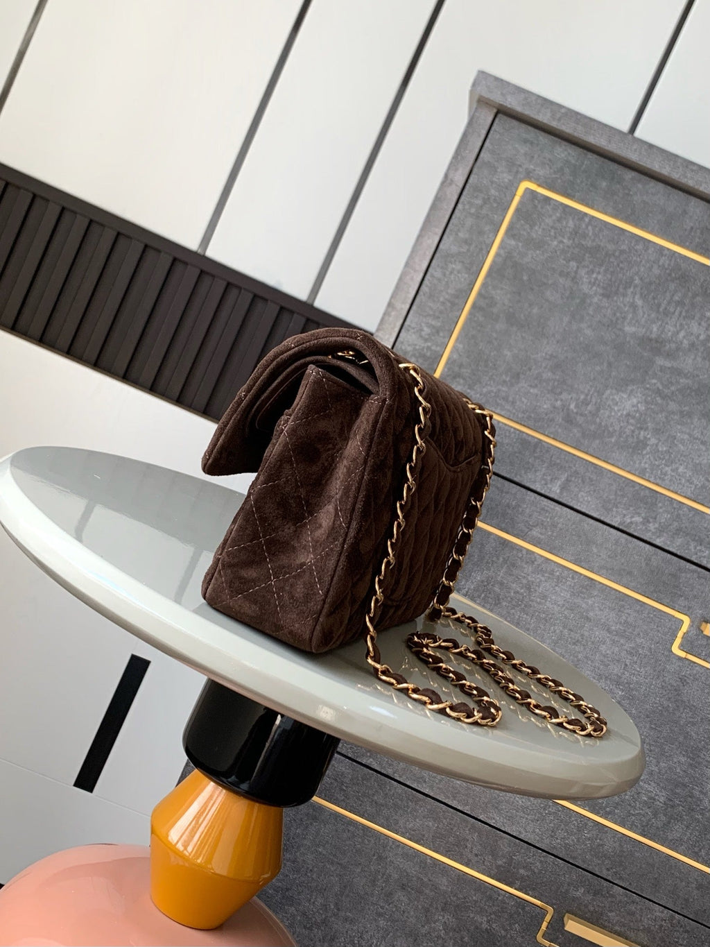 Chanel A01112 Flap Classic 11.12 Handbag Suede leather & Gold-Tone Metal Dark Brown
