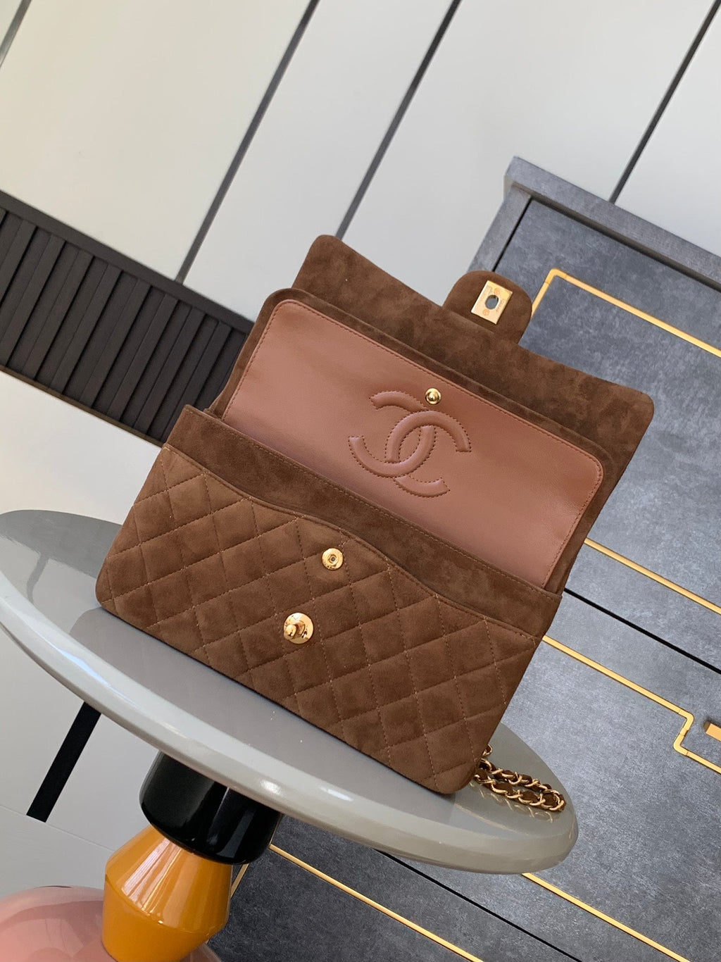 Chanel A01112 Flap Classic 11.12 Handbag Suede leather & Gold-Tone Metal Tan