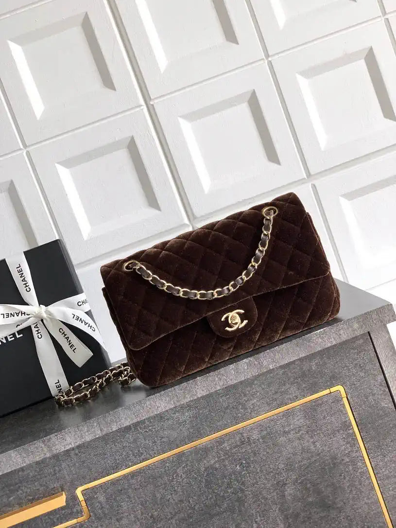 Chanel A01112 Flap Classic 11.12 Handbag Velvet diamond pattern Dark Brown