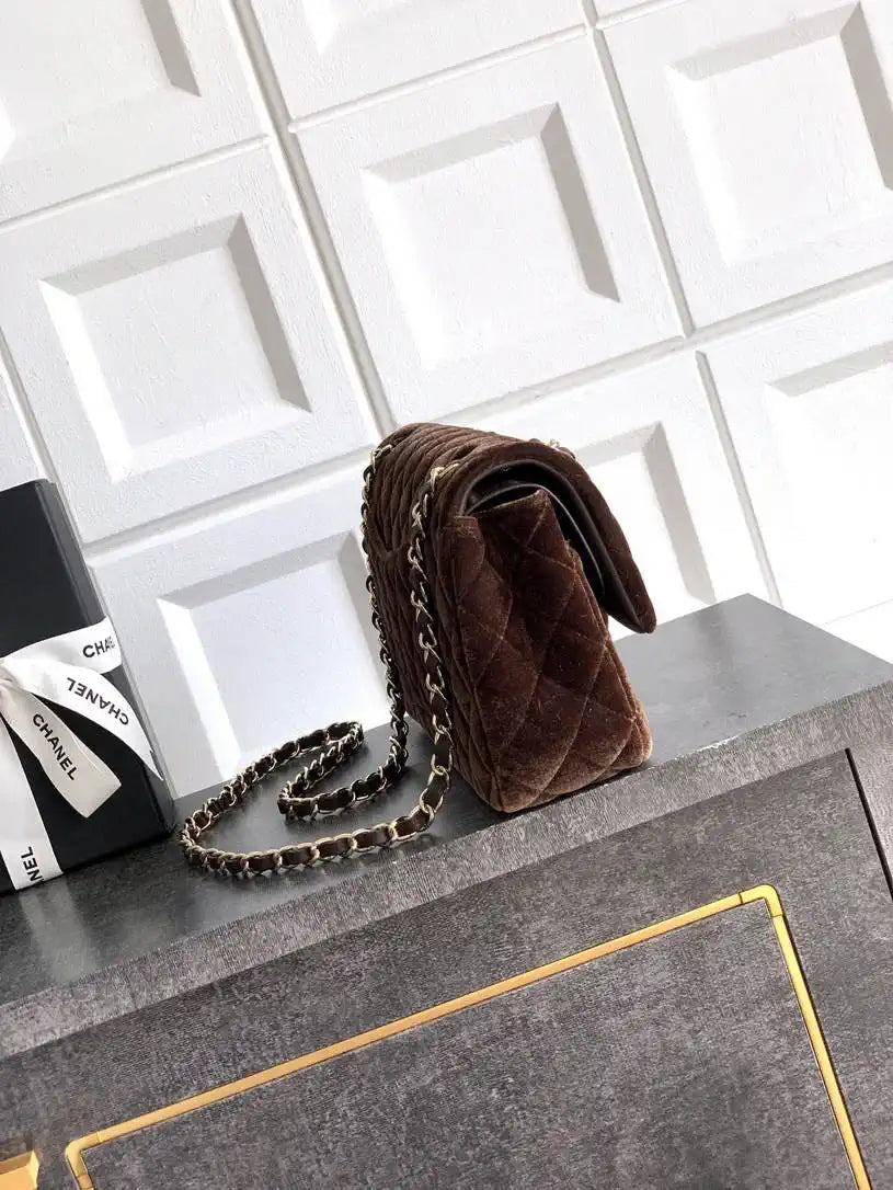 Chanel A01112 Flap Classic 11.12 Handbag Velvet diamond pattern Dark Brown