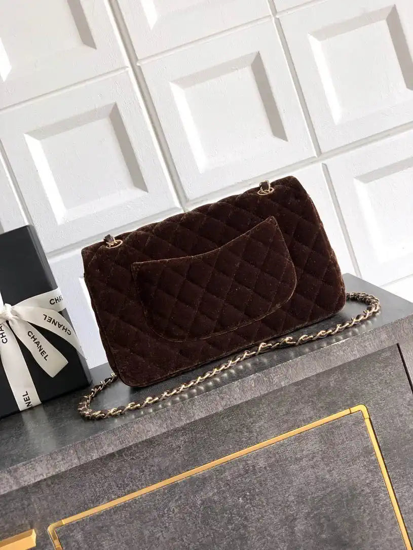 Chanel A01112 Flap Classic 11.12 Handbag Velvet diamond pattern Dark Brown