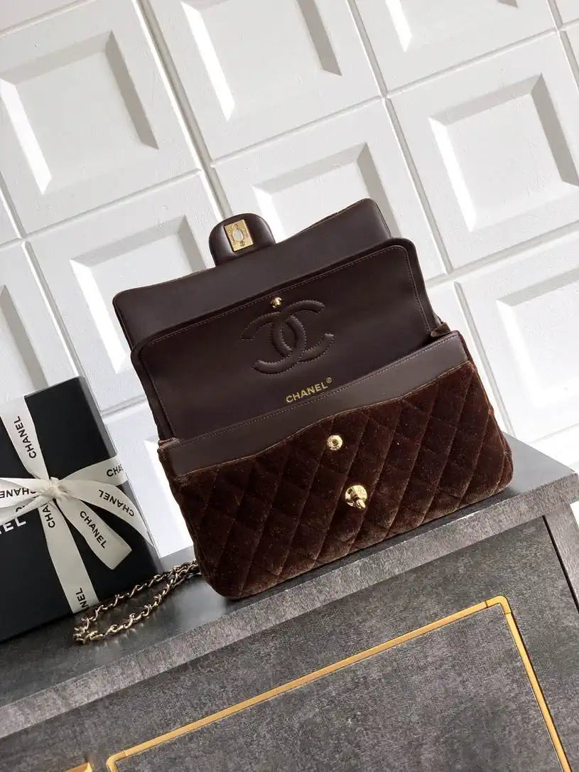 Chanel A01112 Flap Classic 11.12 Handbag Velvet diamond pattern Dark Brown