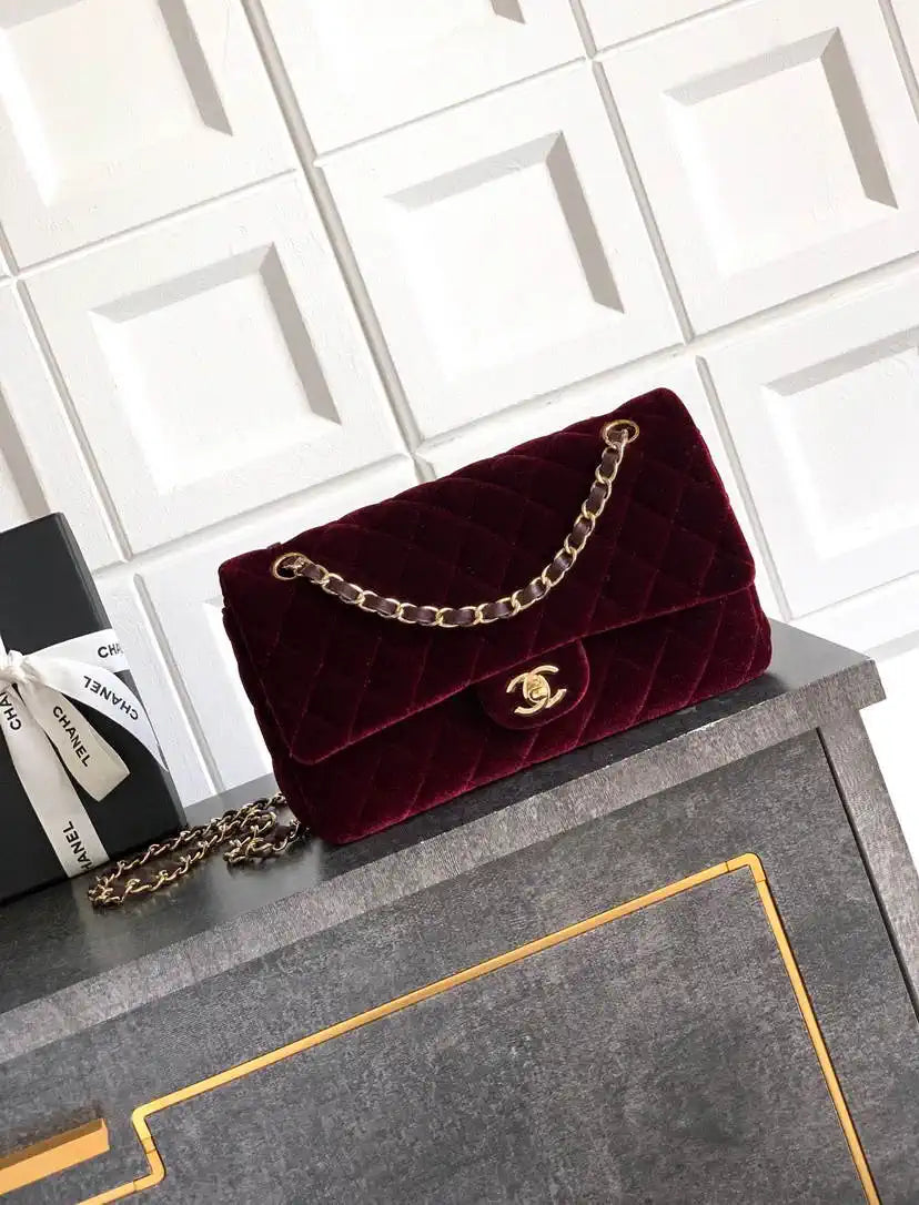 Chanel A01112 Flap Classic 11.12 Handbag Velvet diamond pattern Dark Red
