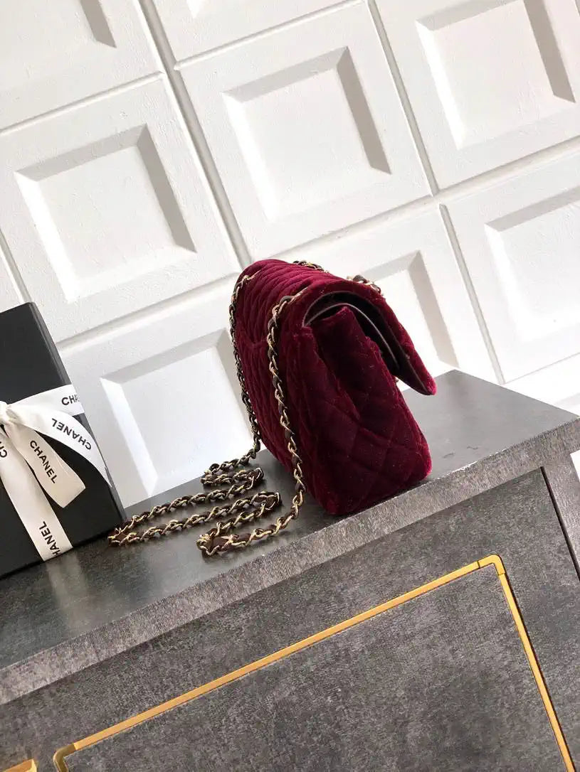 Chanel A01112 Flap Classic 11.12 Handbag Velvet diamond pattern Dark Red
