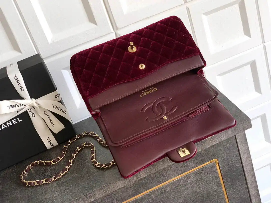 Chanel A01112 Flap Classic 11.12 Handbag Velvet diamond pattern Dark Red
