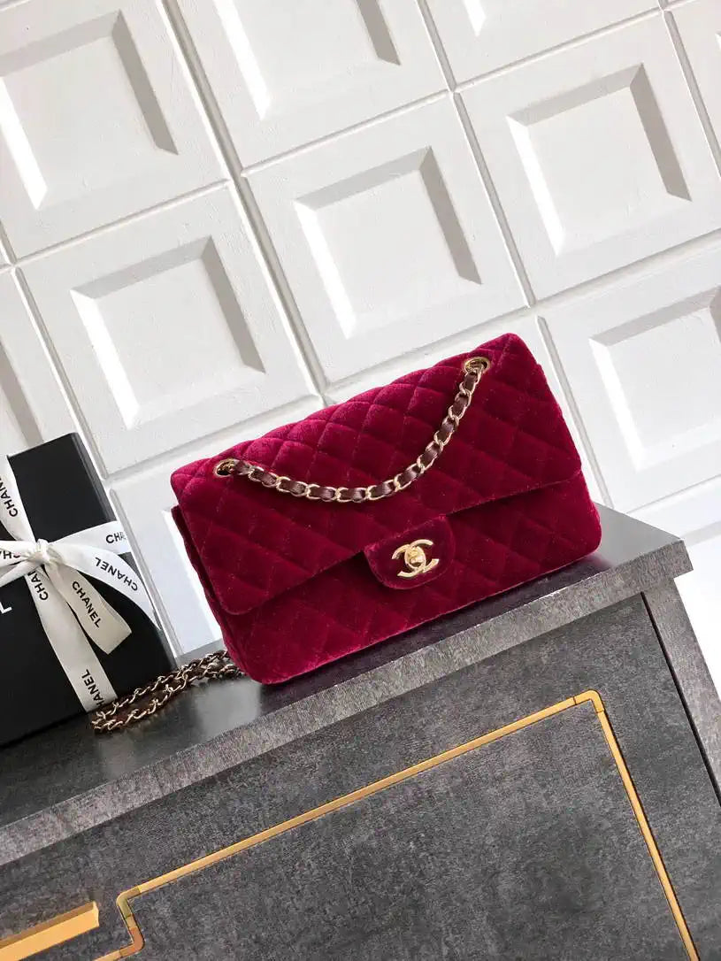 Chanel A01112 Flap Classic 11.12 Handbag Velvet diamond pattern Wine Red