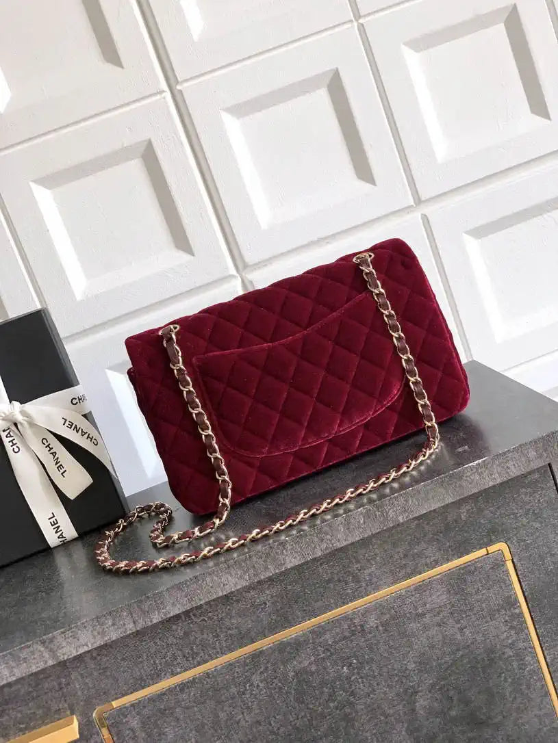 Chanel A01112 Flap Classic 11.12 Handbag Velvet diamond pattern Wine Red