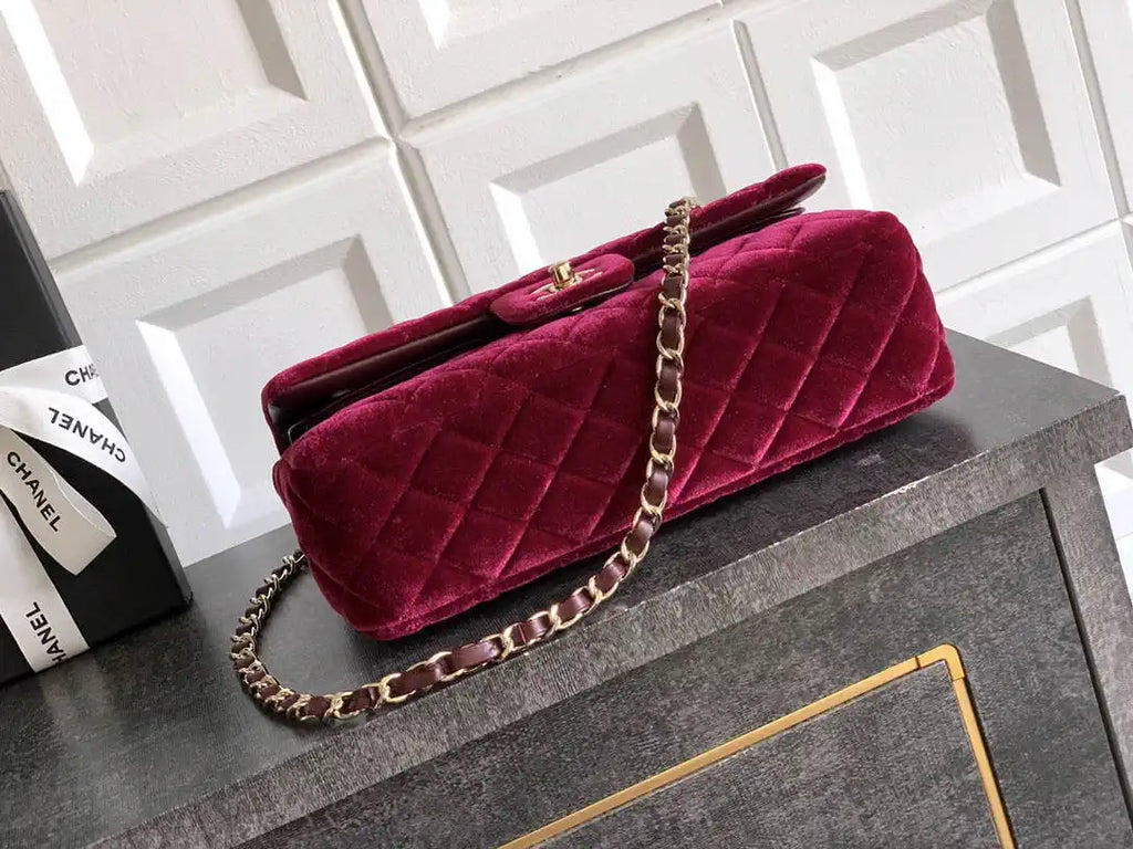 Chanel A01112 Flap Classic 11.12 Handbag Velvet diamond pattern Wine Red