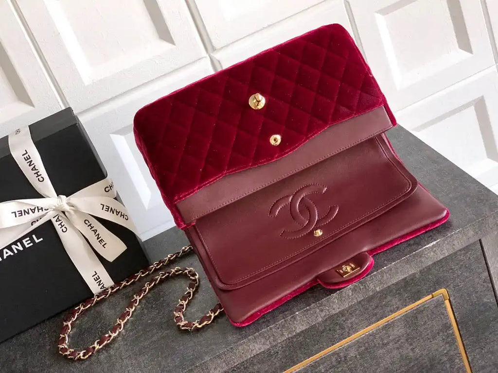 Chanel A01112 Flap Classic 11.12 Handbag Velvet diamond pattern Wine Red