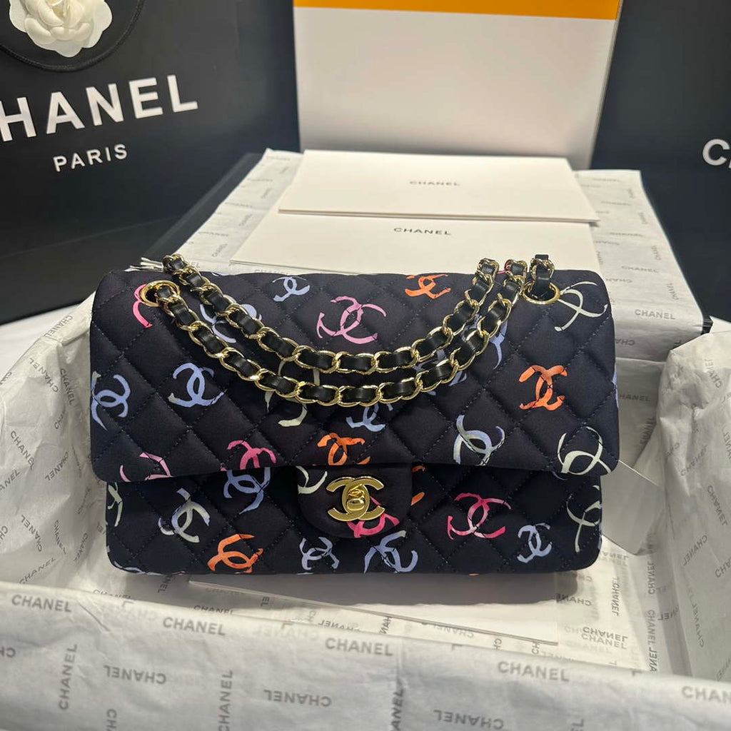 Chanel A01112 Flap Classic 11.12  Printed Fabric & Gold Metal Black & Multicolour