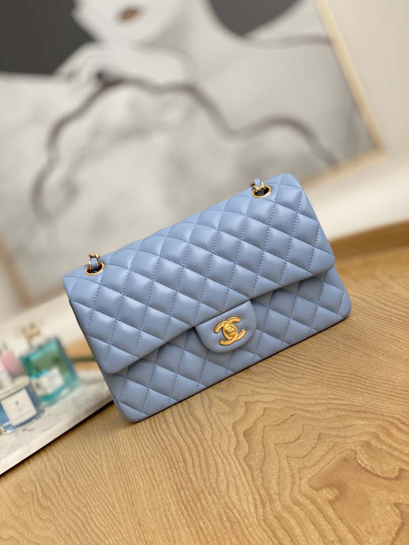 Chanel A01112 Flap Classic Bag Lambskin Light Blue Gold - Default Title - View 1