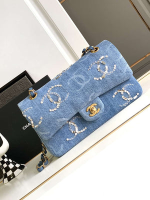 Chanel A01112 Flap Classic Handbag Blue Denim beaded sequin bag - Default Title - View 1