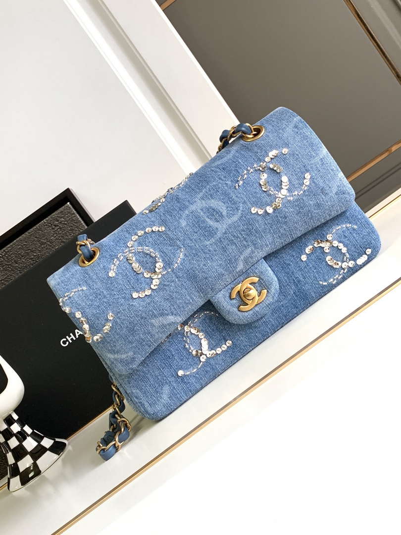 Chanel A01112 Flap Classic Handbag Blue Denim beaded sequin bag - Default Title - View 1