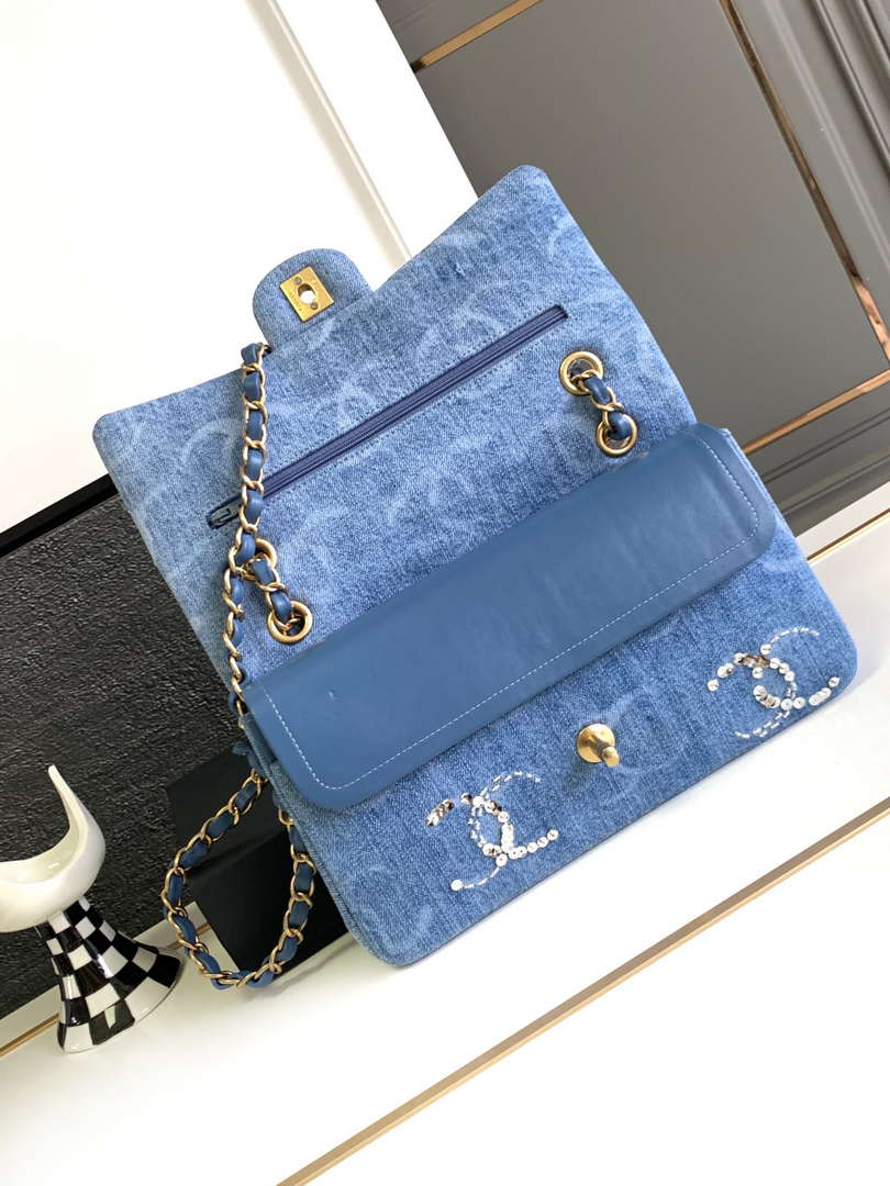 Chanel A01112 Flap Classic Handbag Blue Denim beaded sequin bag