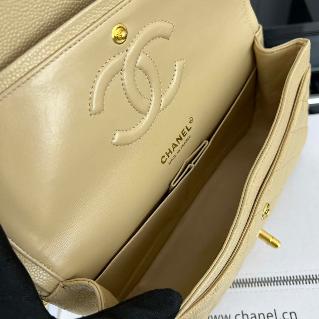 Chanel A01112 Flap Classic Handbag Grained Calfskin & Gold-Tone Metal Apricot