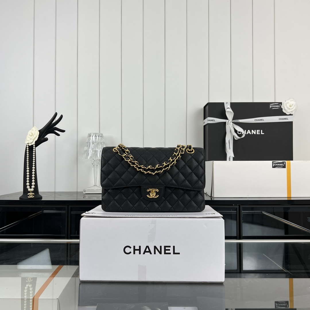 Chanel A01112 Flap Classic Handbag Grained Calfskin & Gold-Tone Metal Black - Default Title - View 1