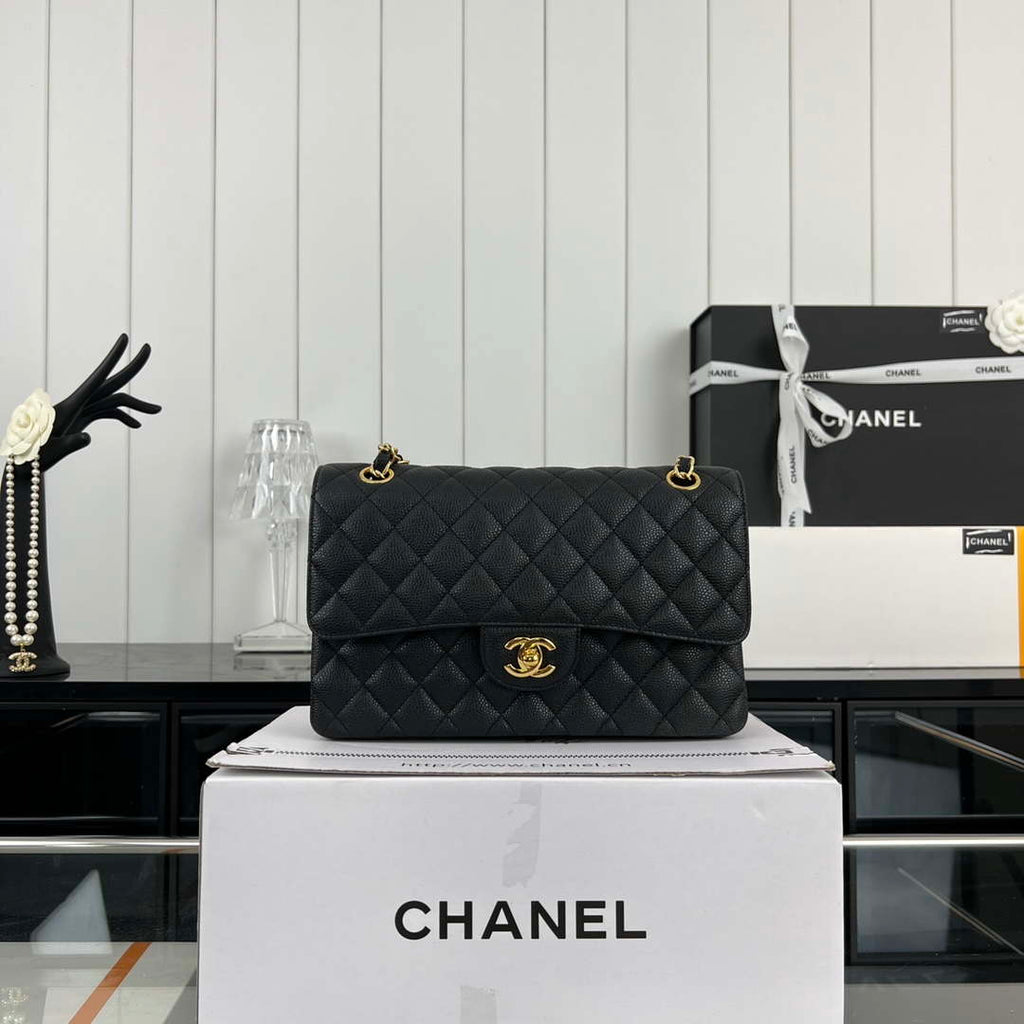 Chanel A01112 Flap Classic Handbag Grained Calfskin & Gold-Tone Metal Black