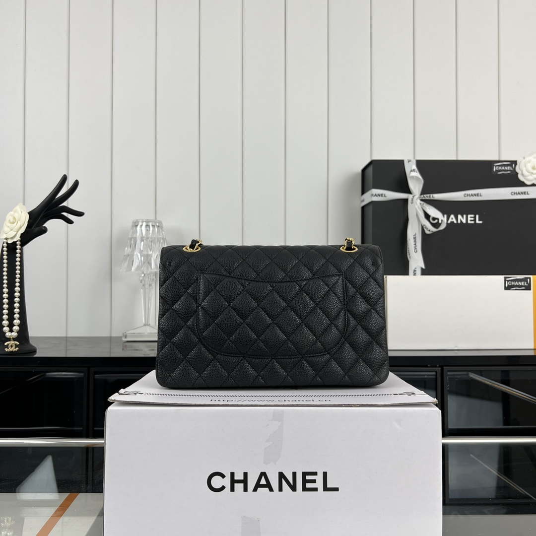 Chanel A01112 Flap Classic Handbag Grained Calfskin & Gold-Tone Metal Black