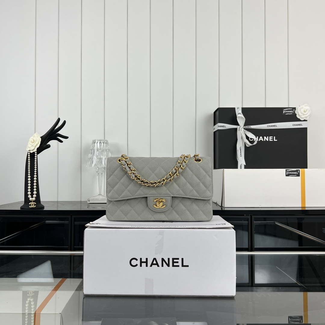 Chanel A01112 Flap Classic Handbag Grained Calfskin & Gold-Tone Metal Gray - Default Title - View 1