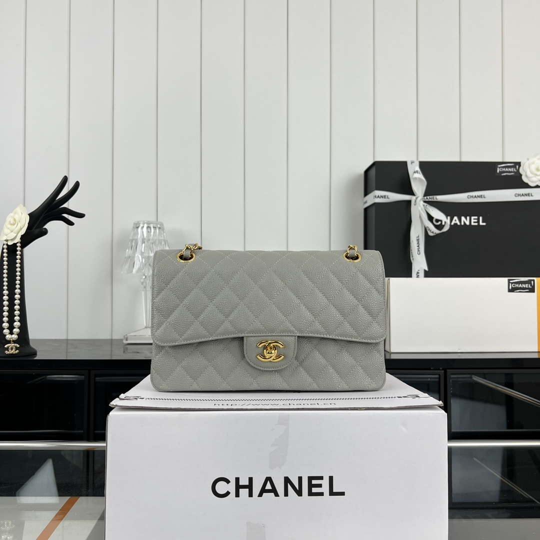Chanel A01112 Flap Classic Handbag Grained Calfskin & Gold-Tone Metal Gray