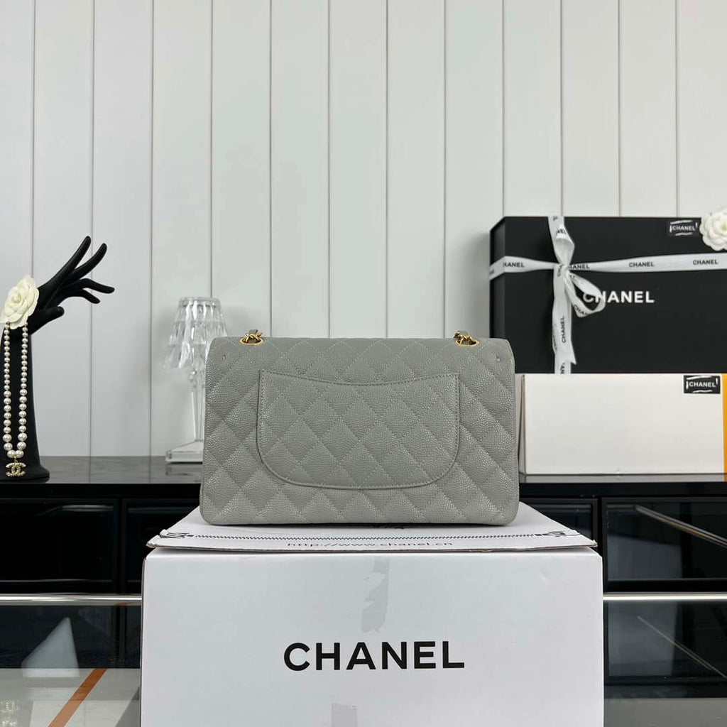 Chanel A01112 Flap Classic Handbag Grained Calfskin & Gold-Tone Metal Gray