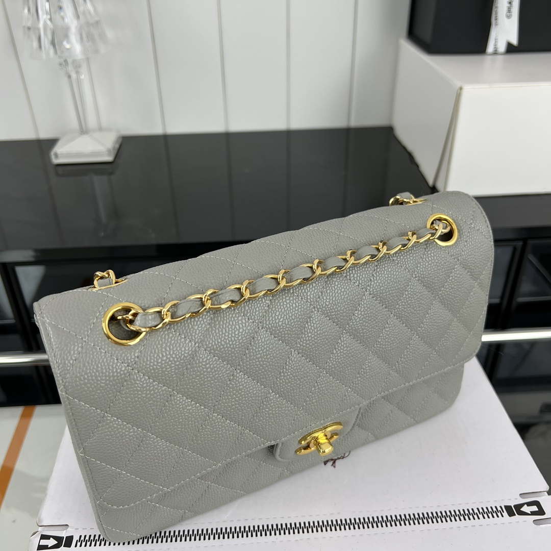 Chanel A01112 Flap Classic Handbag Grained Calfskin & Gold-Tone Metal Gray