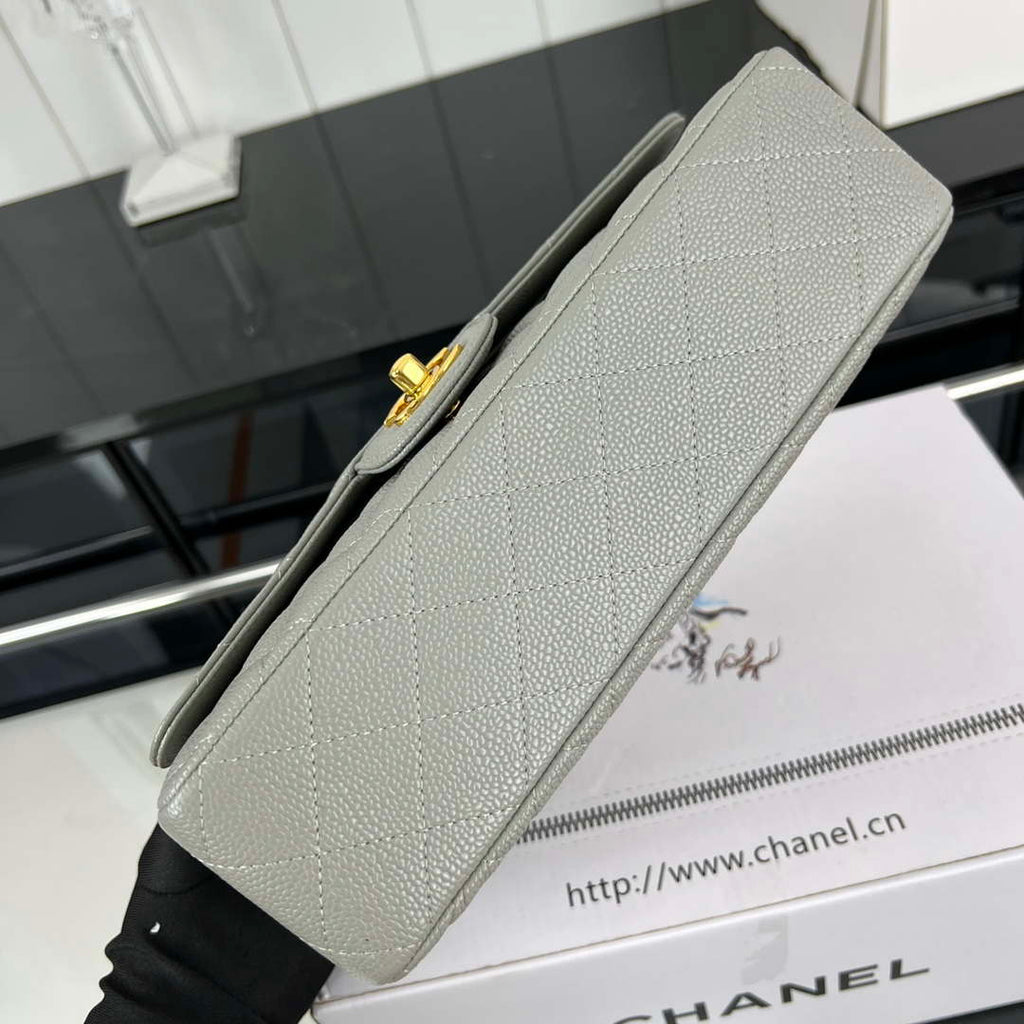 Chanel A01112 Flap Classic Handbag Grained Calfskin & Gold-Tone Metal Gray