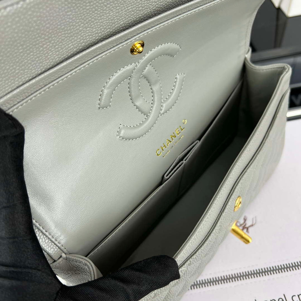 Chanel A01112 Flap Classic Handbag Grained Calfskin & Gold-Tone Metal Gray