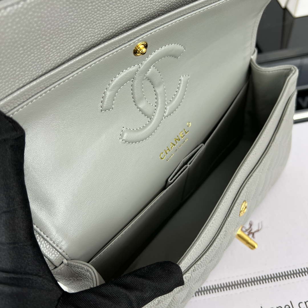 Chanel A01112 Flap Classic Handbag Grained Calfskin & Gold-Tone Metal Gray