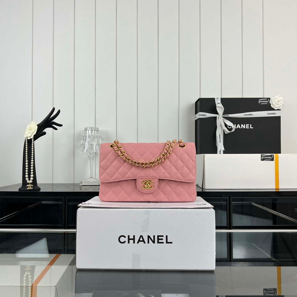 Chanel A01112 Flap Classic Handbag Grained Calfskin & Gold-Tone Metal Pink