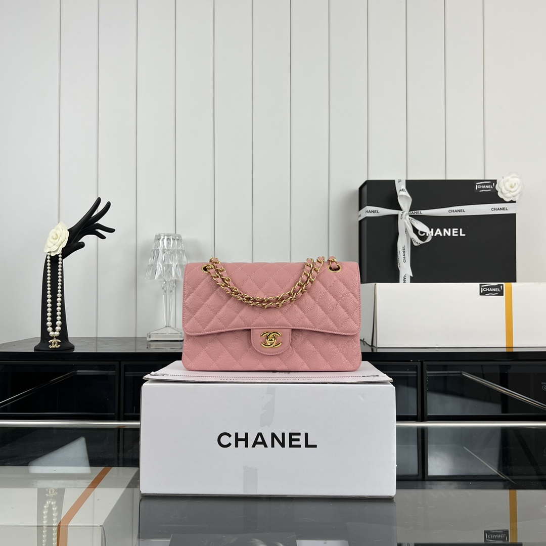 Chanel A01112 Flap Classic Handbag Grained Calfskin & Gold-Tone Metal Pink - Default Title - View 1