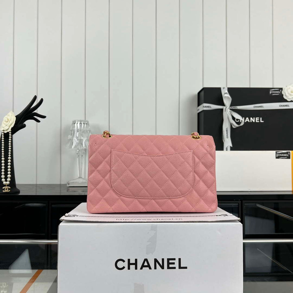 Chanel A01112 Flap Classic Handbag Grained Calfskin & Gold-Tone Metal Pink