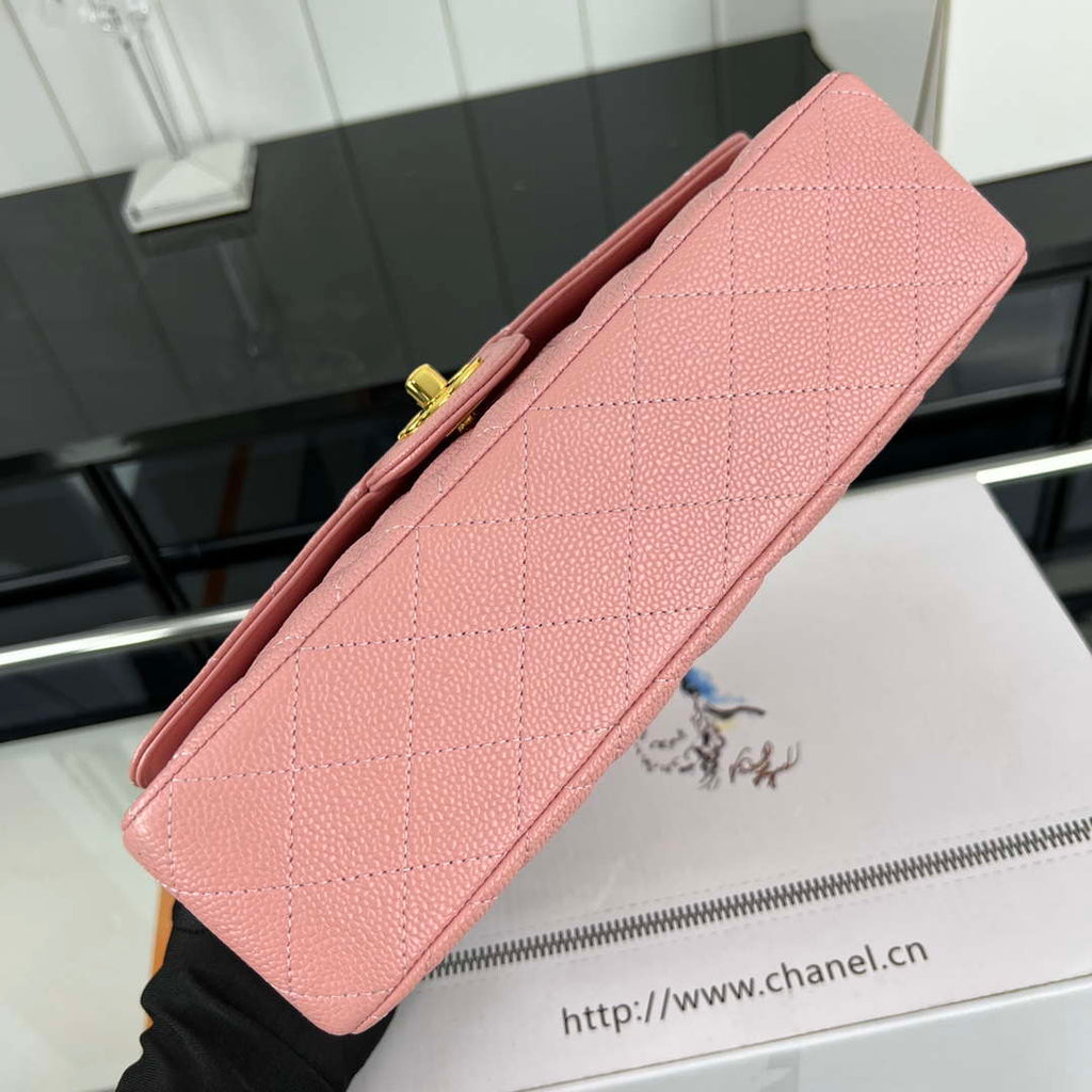 Chanel A01112 Flap Classic Handbag Grained Calfskin & Gold-Tone Metal Pink