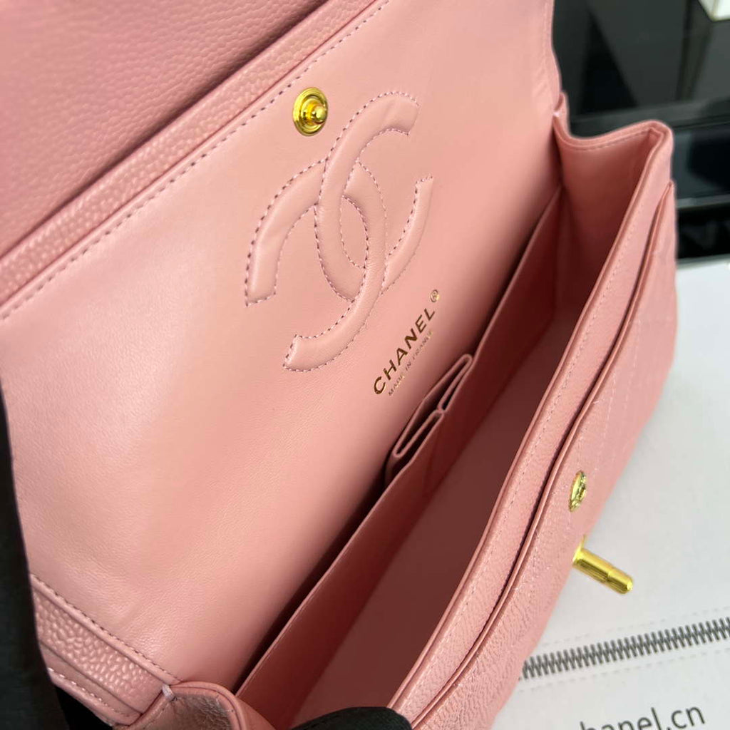 Chanel A01112 Flap Classic Handbag Grained Calfskin & Gold-Tone Metal Pink