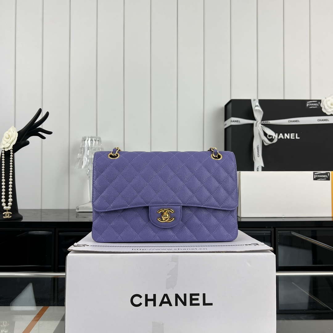 Chanel A01112 Flap Classic Handbag Grained Calfskin & Gold-Tone Metal Purple - Default Title - View 2