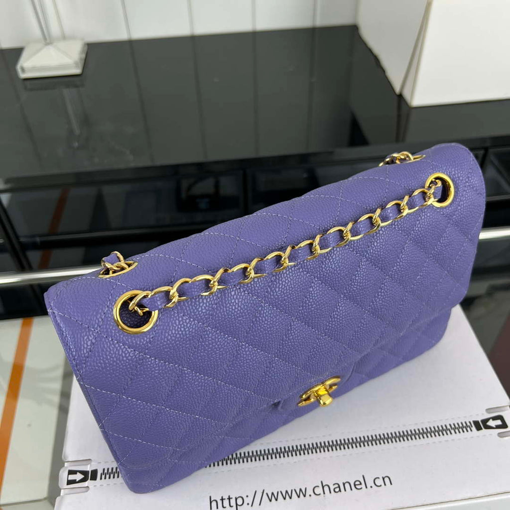 Chanel A01112 Flap Classic Handbag Grained Calfskin & Gold-Tone Metal Purple