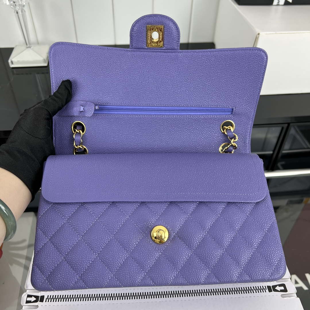 Chanel A01112 Flap Classic Handbag Grained Calfskin & Gold-Tone Metal Purple - Default Title - View 5