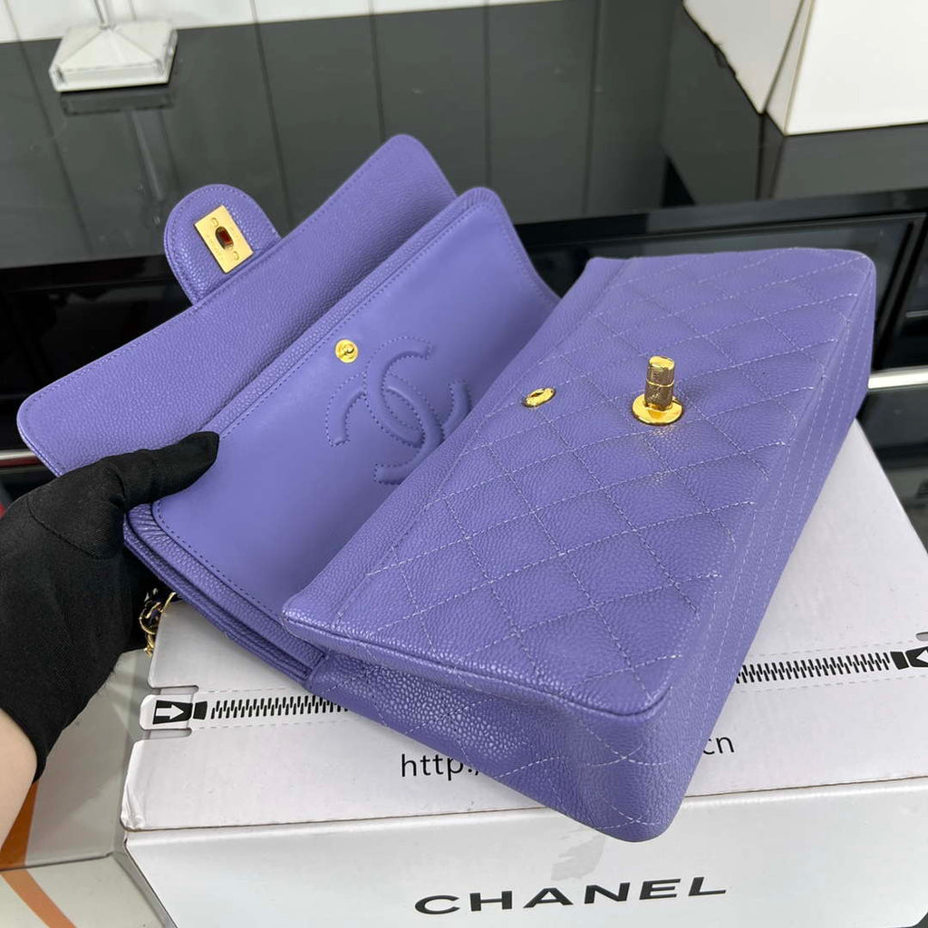 Chanel A01112 Flap Classic Handbag Grained Calfskin & Gold-Tone Metal Purple