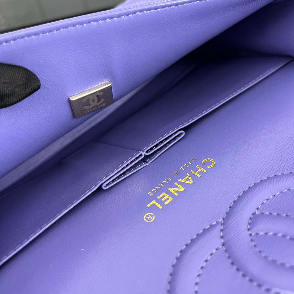 Chanel A01112 Flap Classic Handbag Grained Calfskin & Gold-Tone Metal Purple
