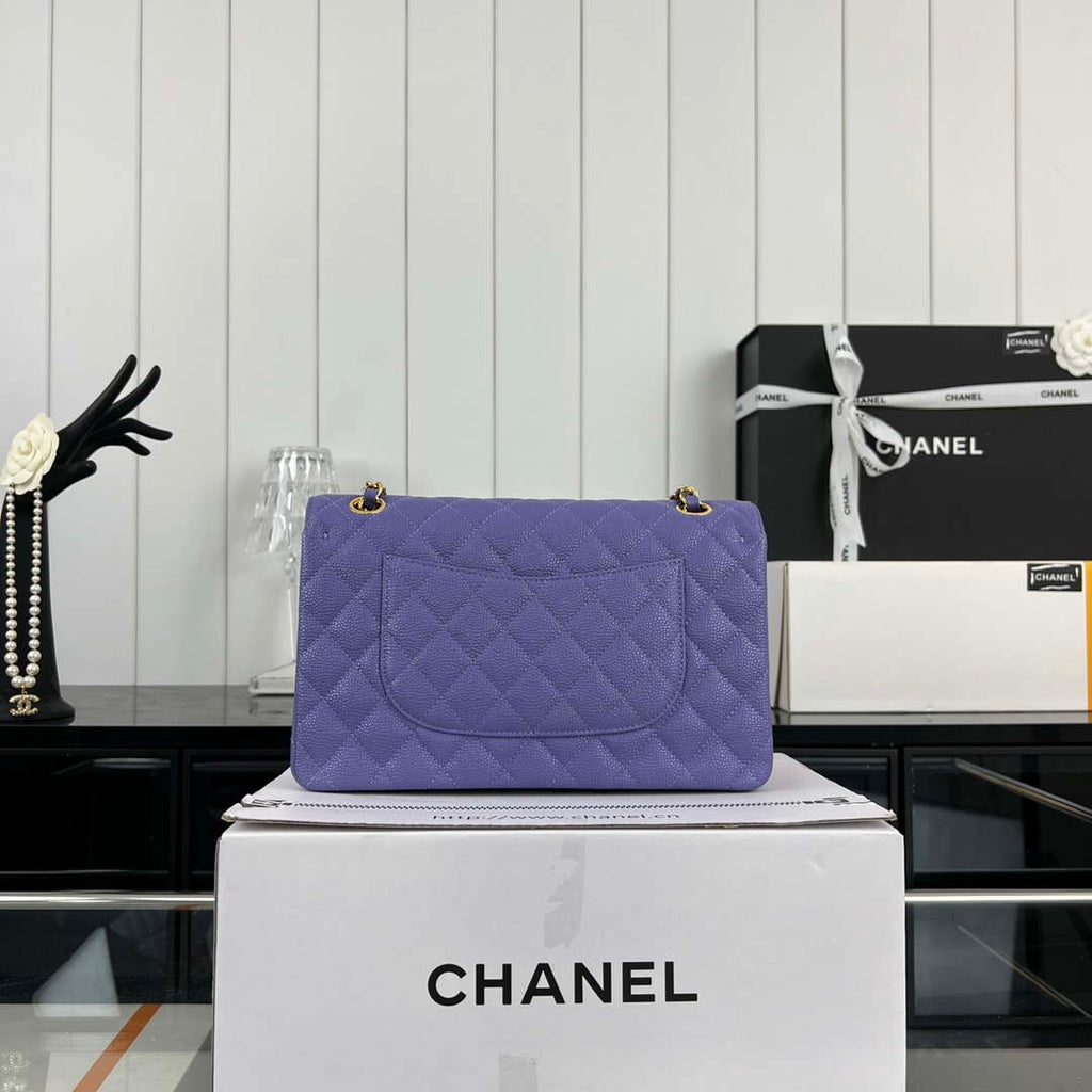 Chanel A01112 Flap Classic Handbag Grained Calfskin & Gold-Tone Metal Purple