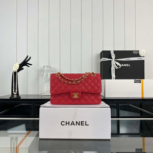 Chanel A01112 Flap Classic Handbag Grained Calfskin & Gold-Tone Metal Red - Default Title - View 1