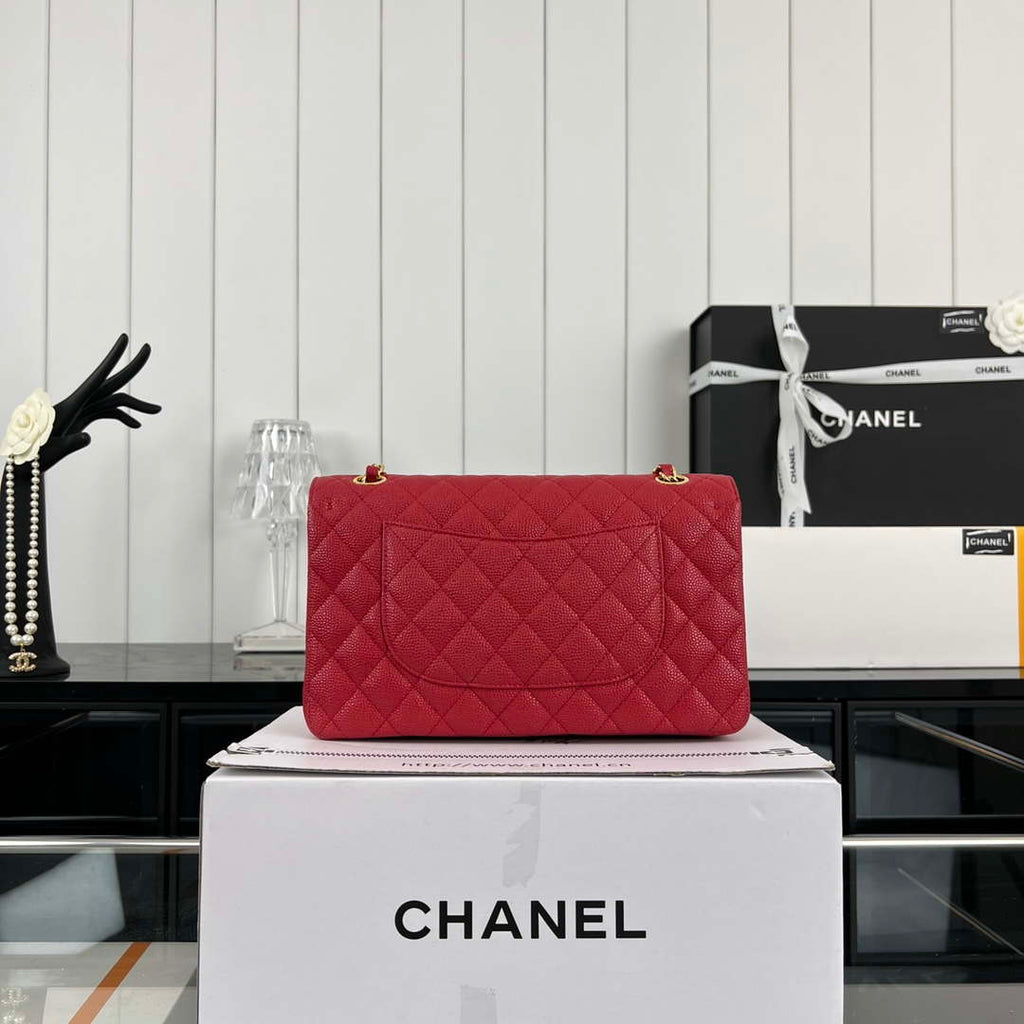 Chanel A01112 Flap Classic Handbag Grained Calfskin & Gold-Tone Metal Red