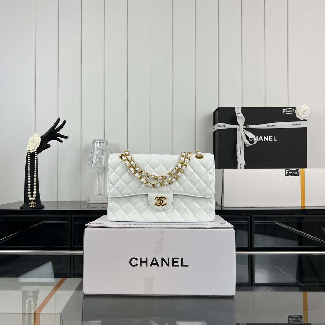 Chanel A01112 Flap Classic Handbag Grained Calfskin & Gold-Tone Metal White - Default Title - View 1