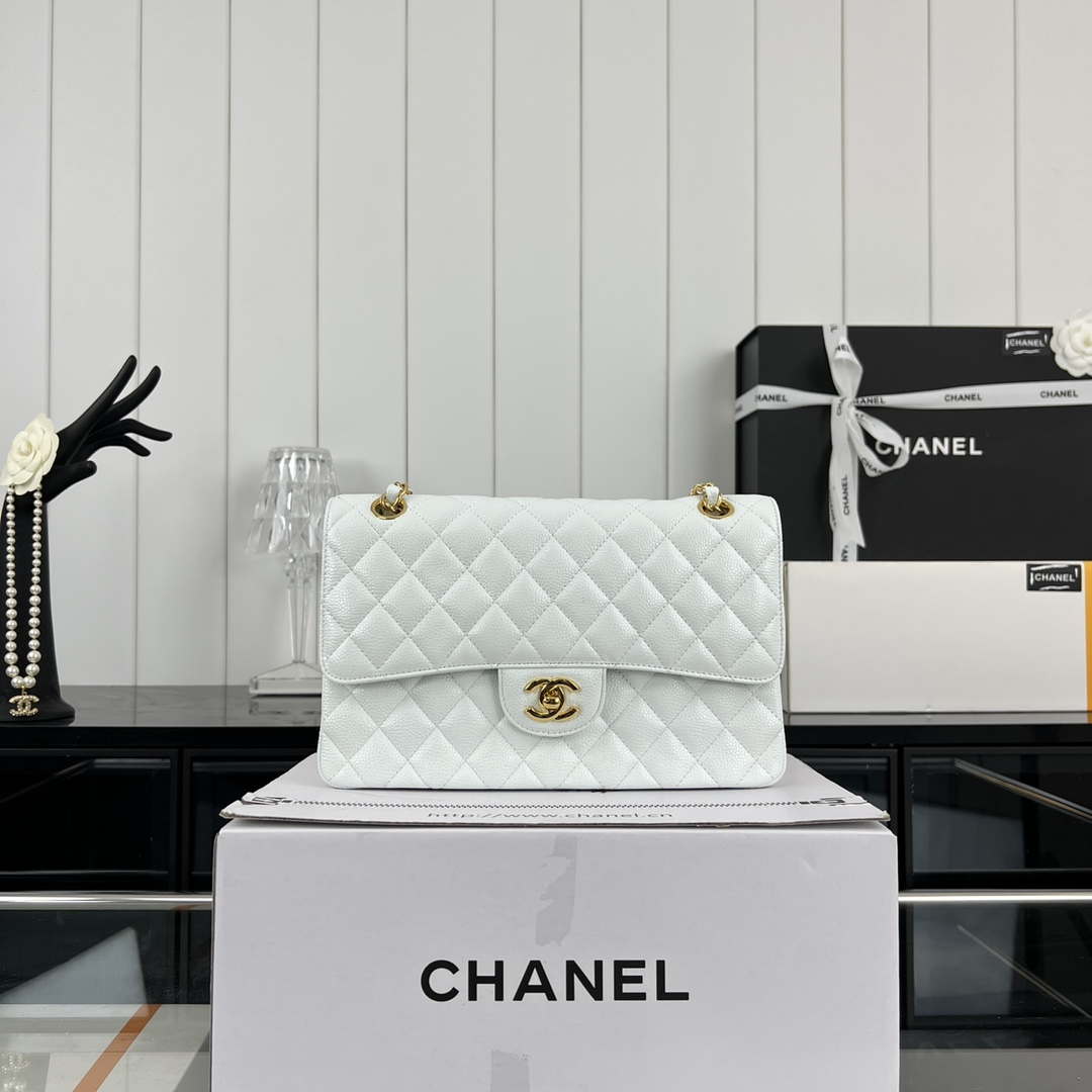 Chanel A01112 Flap Classic Handbag Grained Calfskin & Gold-Tone Metal White