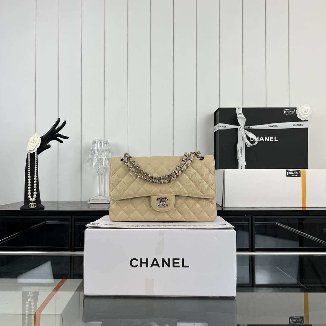 Chanel A01112 Flap Classic Handbag Grained Calfskin & Silver-Tone Metal Apricot - Default Title - View 1