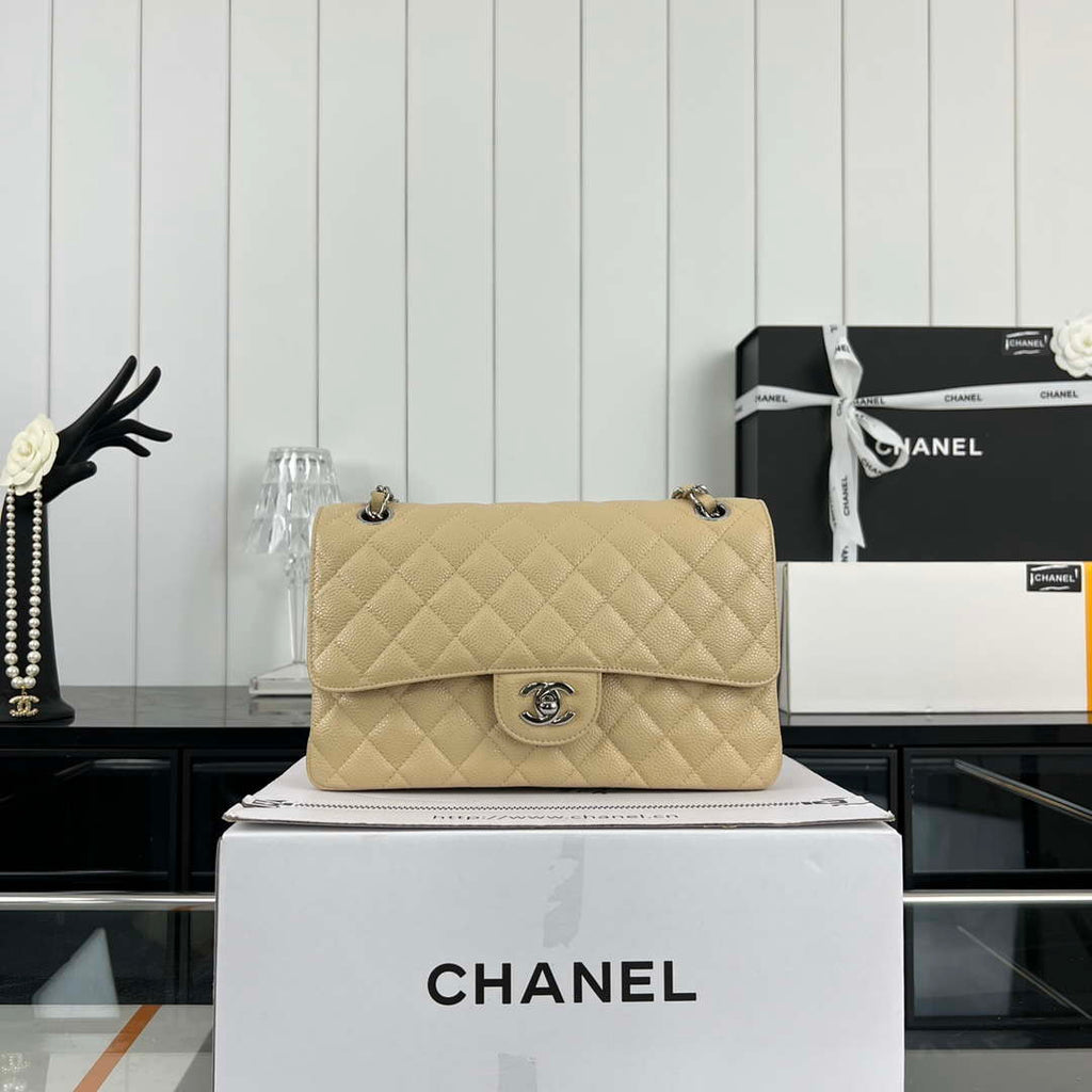 Chanel A01112 Flap Classic Handbag Grained Calfskin & Silver-Tone Metal Apricot