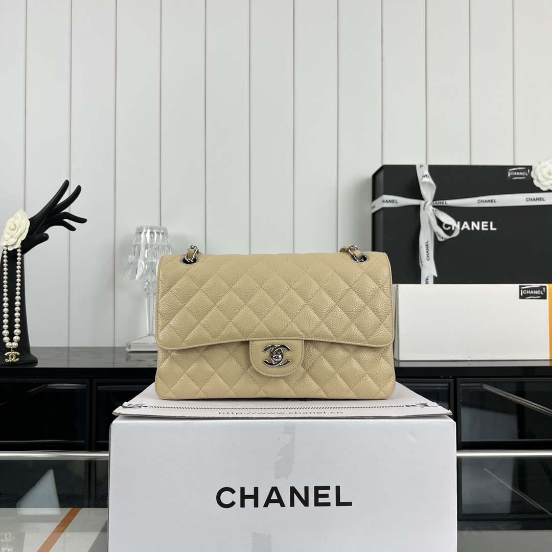 Chanel A01112 Flap Classic Handbag Grained Calfskin & Silver-Tone Metal Apricot