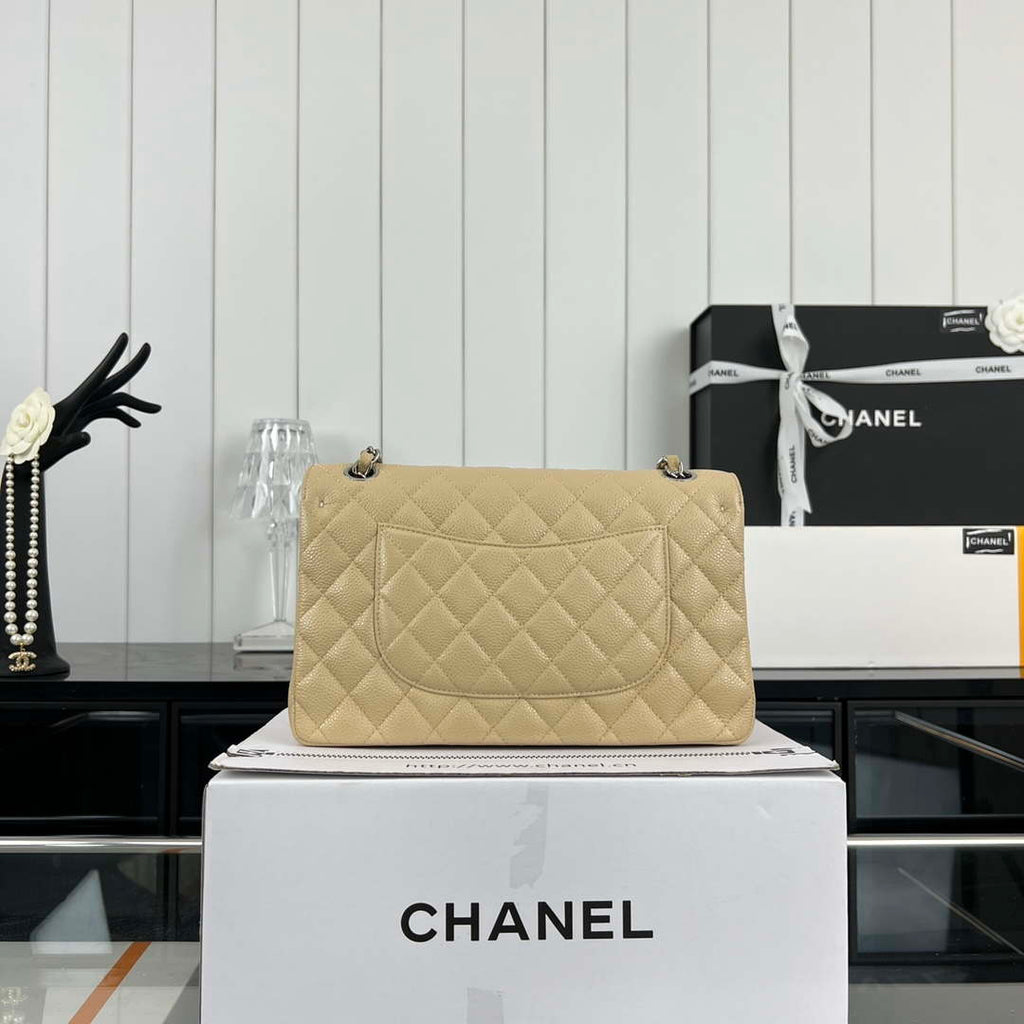 Chanel A01112 Flap Classic Handbag Grained Calfskin & Silver-Tone Metal Apricot